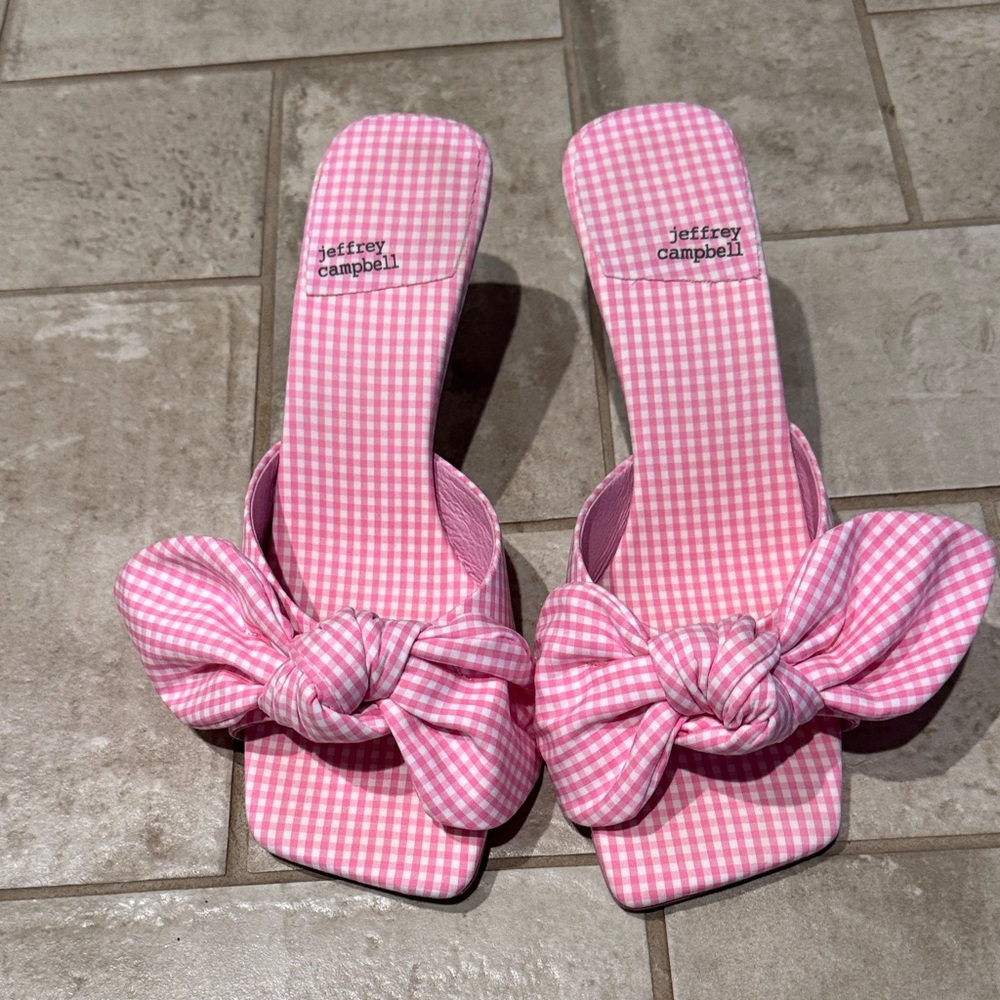 Jeffrey Campbell Pink Gingham Knot Bow Slide Sandals